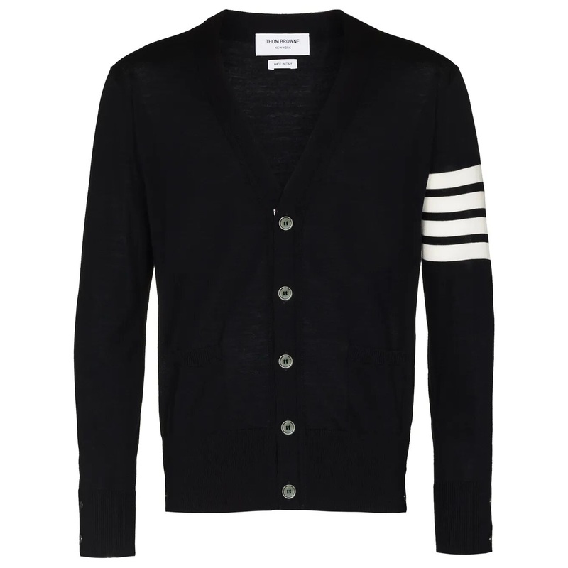 CLASSIC V NECK CARDIGAN IN FINE MERINO WOOL WITH 4 BAR STRIPES