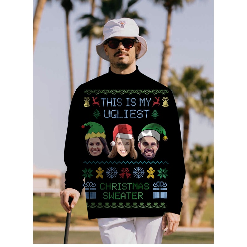 Men’s Black-Christmas Custom face Pullover High neck Long/Short sleeve T-Shirt