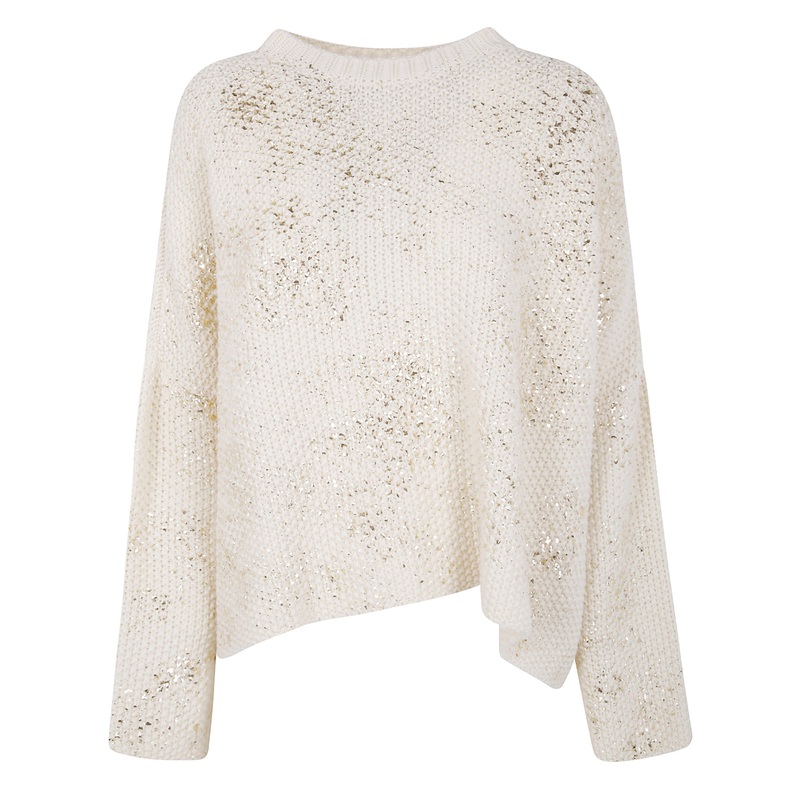 MOSS STITCH ROUND NECK OVER PULLOVER WITH SHADOWS, LAMINATION AND STUDS