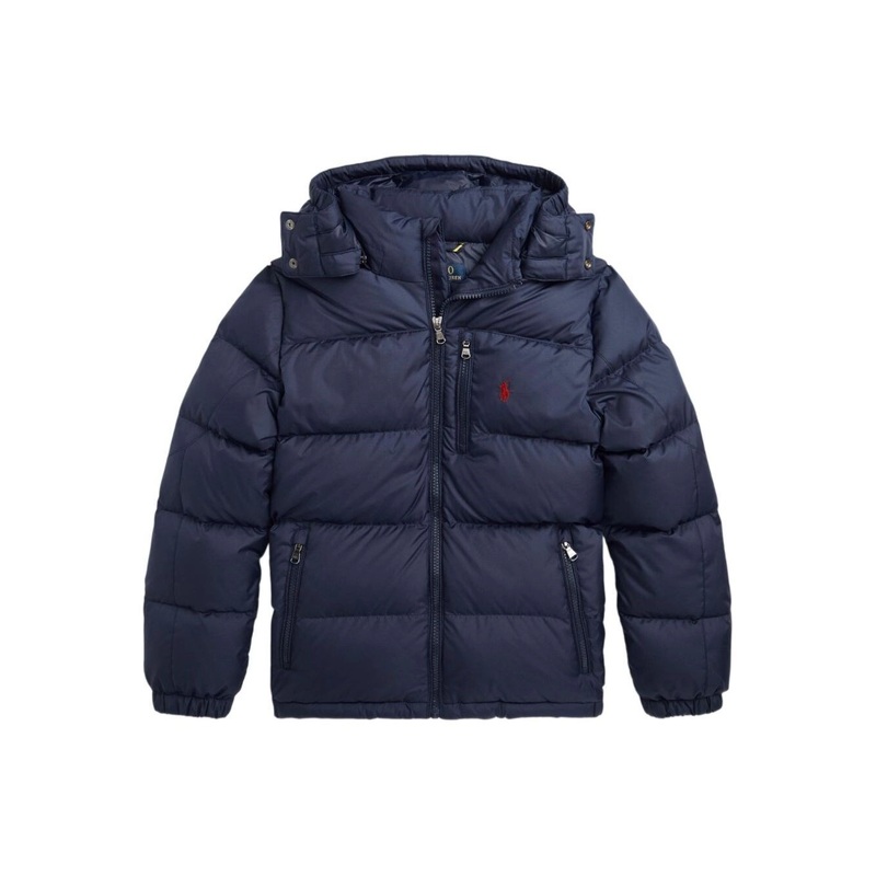 Blue Down Jacket with Fixed Hood and Pony Logo on the Front in Tech Fabric Boy