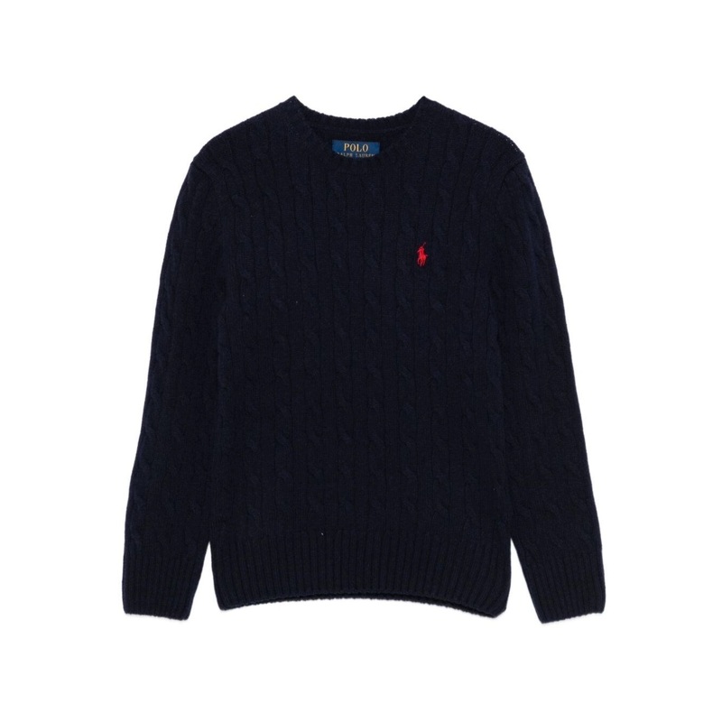 Blue Sweater with Round Neck and Pony Embroidery on the Front in Wool and Cashmere Boy