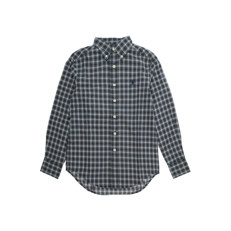Green Shirt with Pony Embroidery on the Front and All-Over Check Motif in Cotton Boy