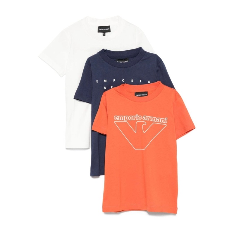 Multicolor Set of Crew Neck T-Shirts with Logo on the Front in Cotton Boy