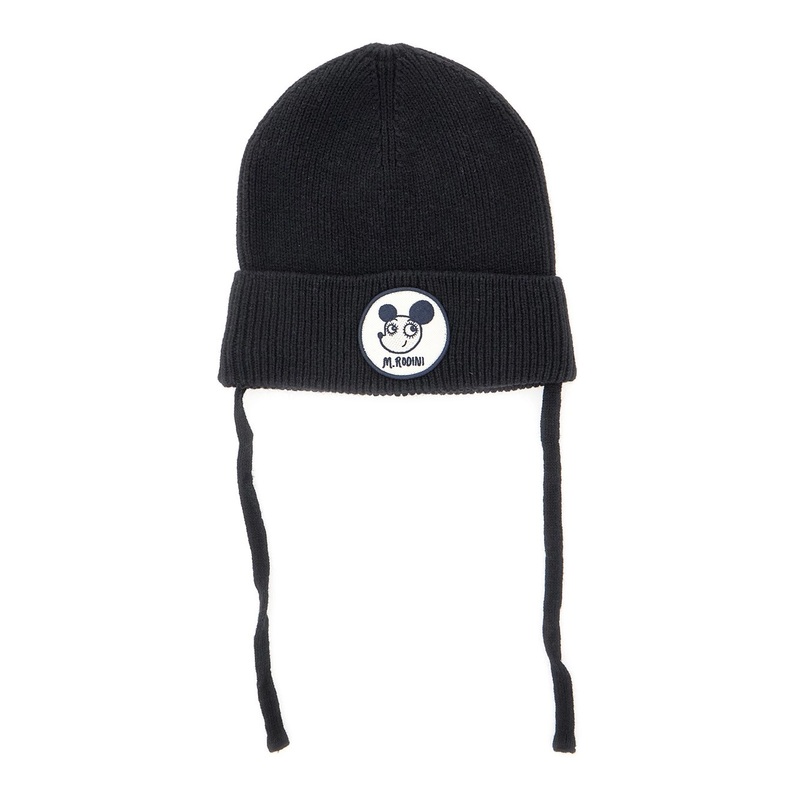 ‘Ritzratz’ Black Beanie with Drawstring and Logo Patch on the Front in Wool Blend Boy