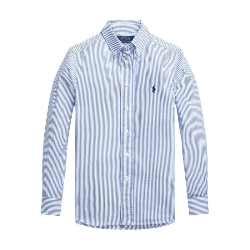 ‘Slim Fit’ Light Blue Striped Shirt with Embroidered Logo on Chest in Cotton Boy