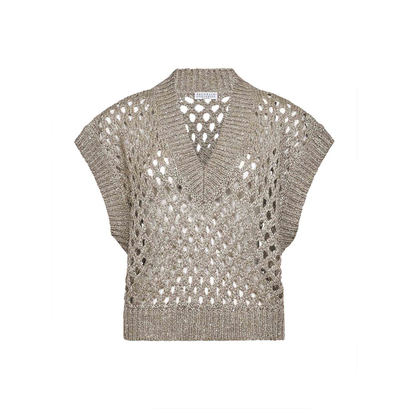 Beige Silk-Linen Dazzling Net Sweater