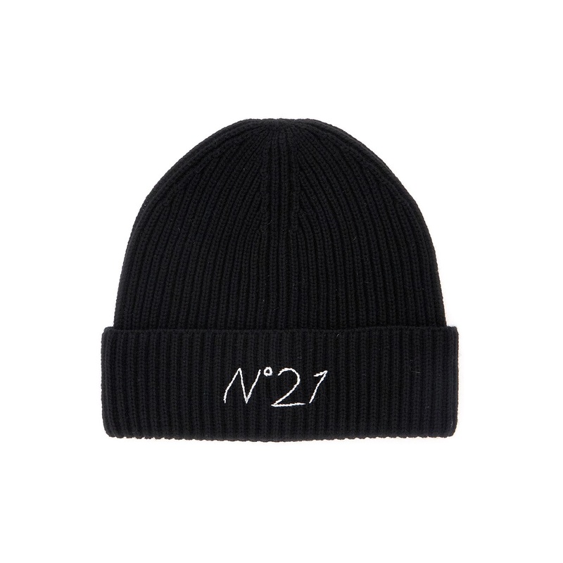 Black Beanie with Turn-Up Brim and Logo Embroidery in Wool Blend Boy