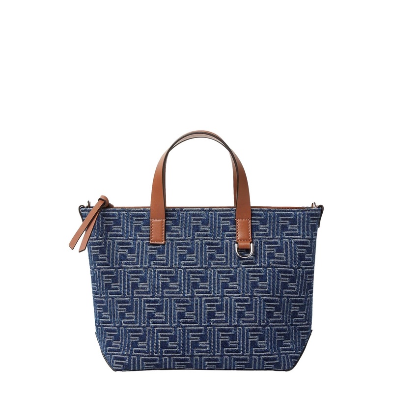 Blue Shopper With Top Handles And All-Over FF Motif In Cotton Man