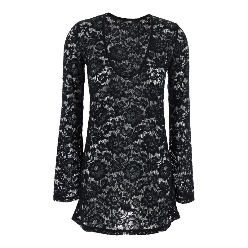 ‘Bohemia’ Black Mini Dress with All-Over Lace Embroidery in Tech Fabric Stretch Woman