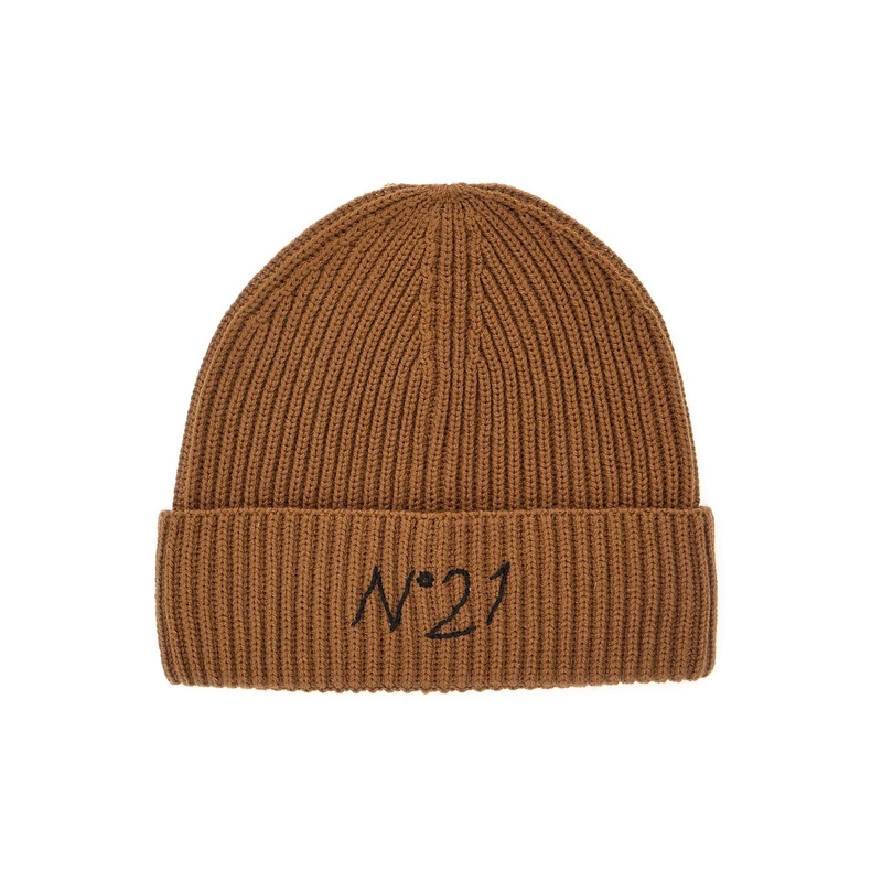 Brown Beanie with Turn-Up Brim and Logo Embroidery in Wool Blend Boy