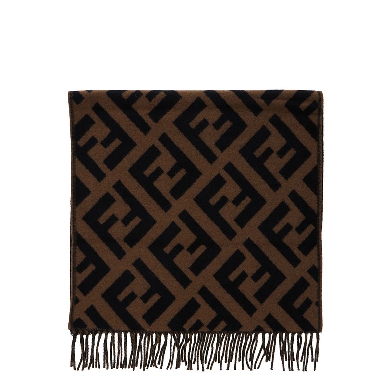 Brown Scarf with All-Over FF Motif and Frayed Hem in Cashmere Woman