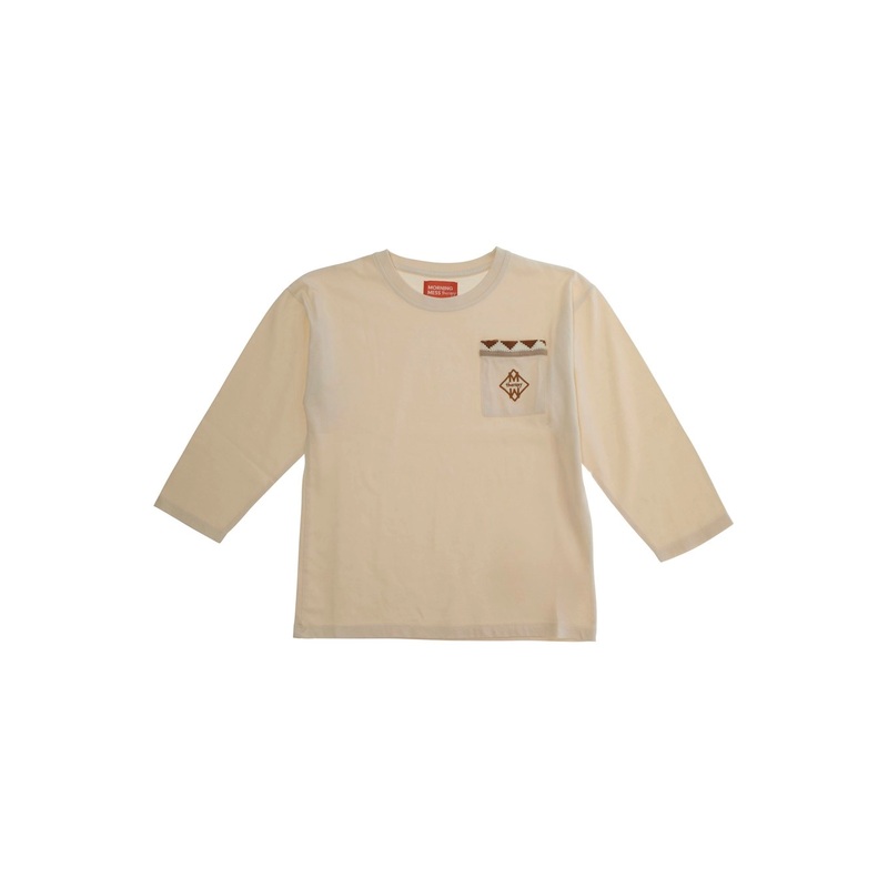 ‘Ciro’ White Crewneck T-Shirt with Long Sleeves and Patch Pocket on the Front in Cotton Girl