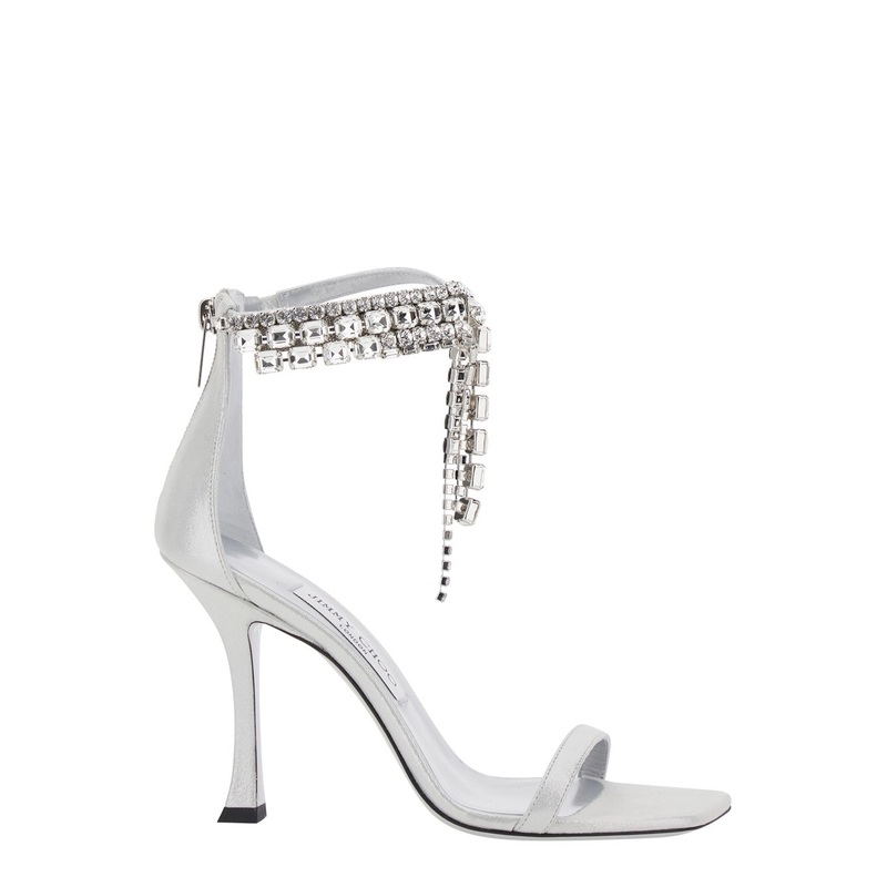 ‘Crystal’ Metallic Sandals with Rhinestoned Ankle Strap and High Curved Heel in Leather Woman