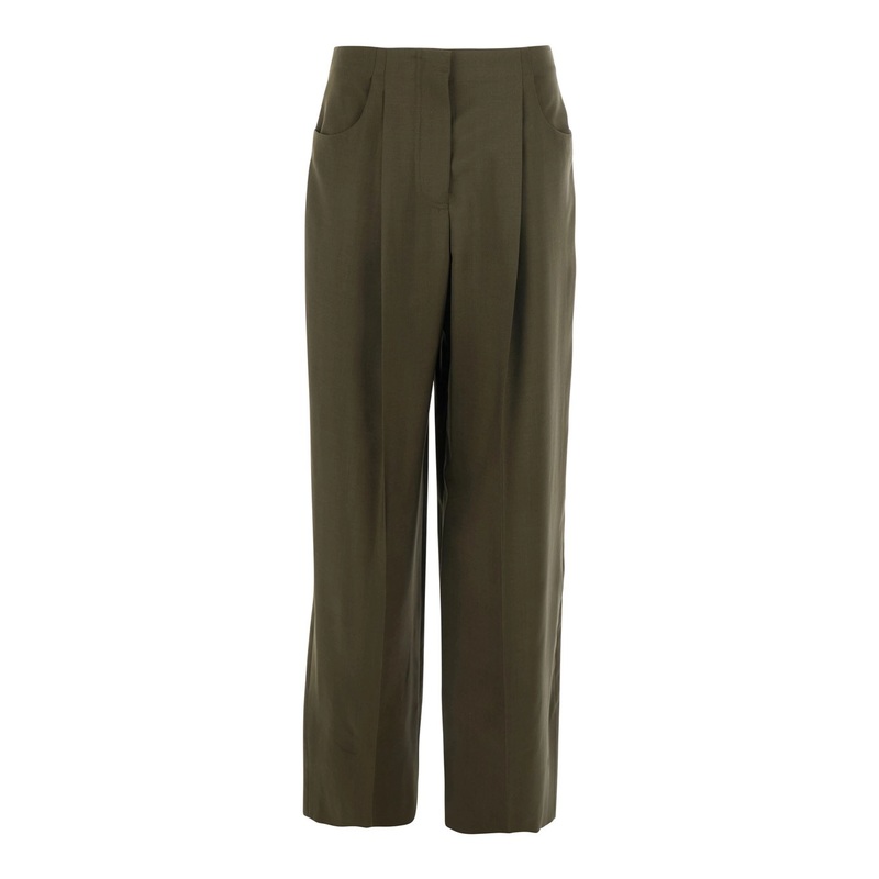Green Pants with Front Pences and Wide Leg in Wool Woman