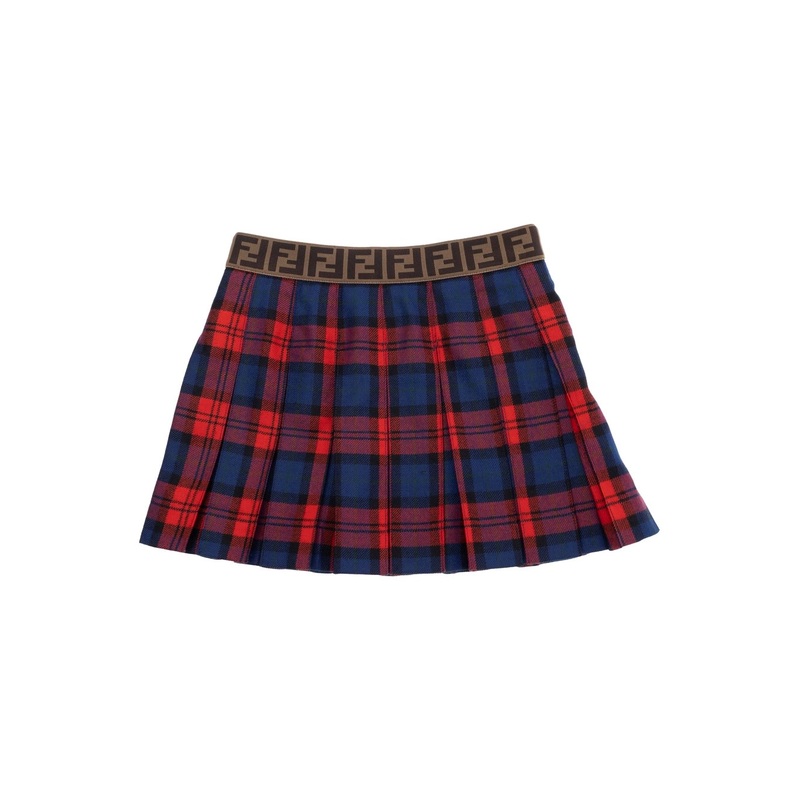 Red Skirt with Elastic Waist with FF Logo and All-Over Plaid Motif in Wool Girl