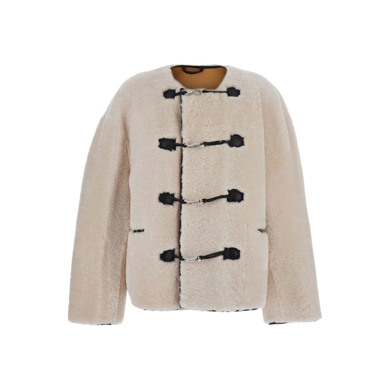 ‘Teddy’ Beige Crewneck Shearling Jacket with Clasp Closure on the Front in Shearling and Leather Woman