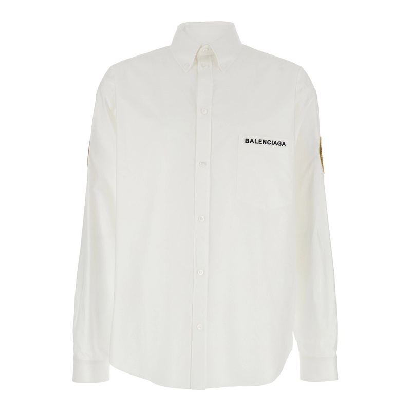 White Shirt with Logo Lettering on the Front and Logo Patch on the Sleeve in Cotton Man