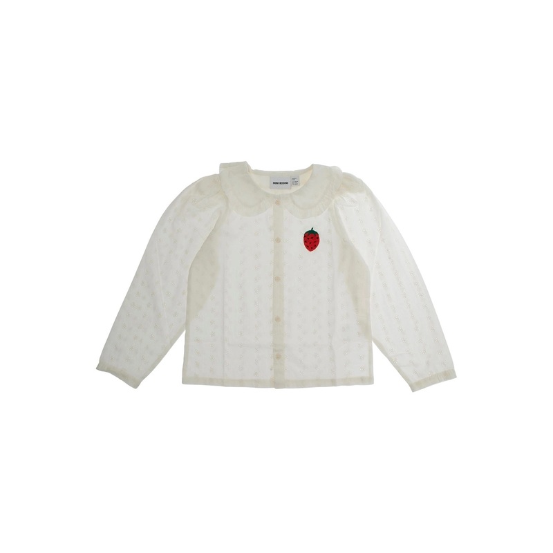 White Shirt with Peter Pan Collar and Strawberry Embroidery in Cotton Girl
