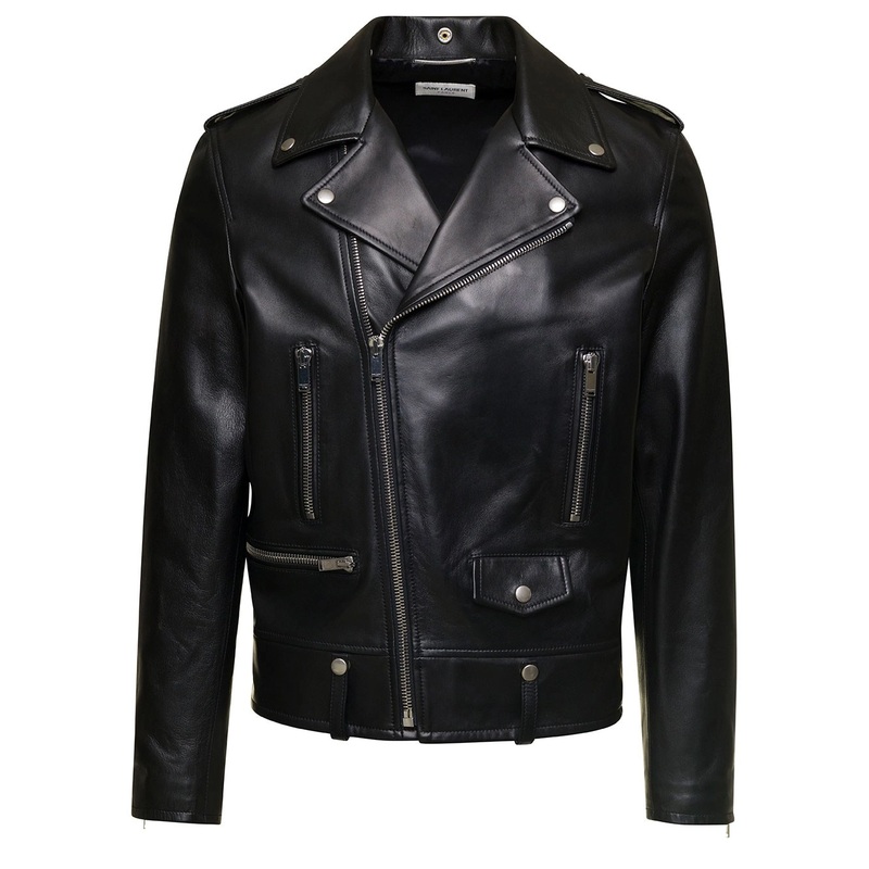 Black Biker Jacket with Zipped Pockets in Smooth Leather Man