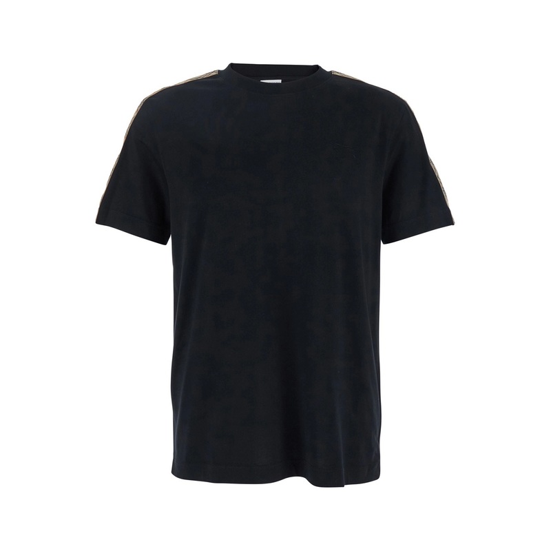 Black Crewneck T-Shirt with EKD Tonal Logo Embroidery on the Front and Check Motif on the Sleeves in Cotton Man