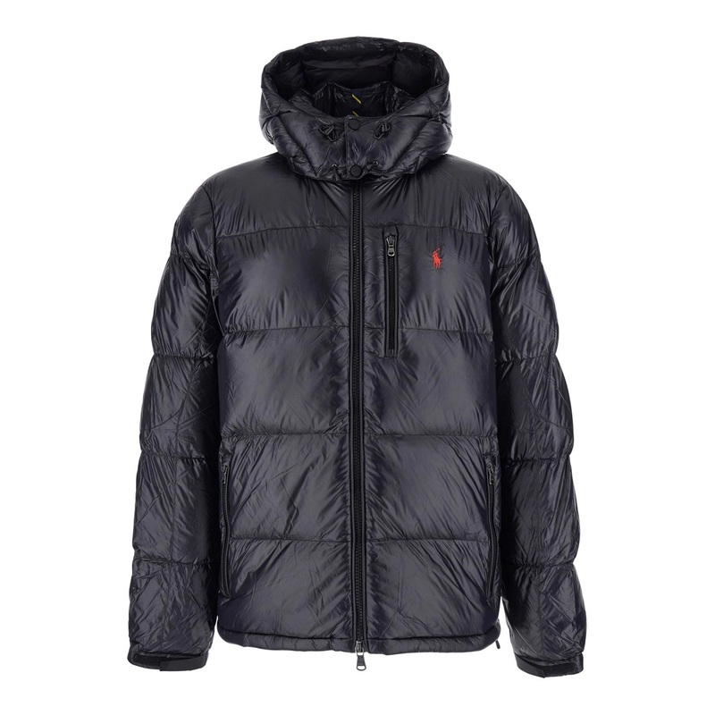Black Down Jacket with Patent Effect and Embroidered Pony Logo on Chest in Tech Fabric Man