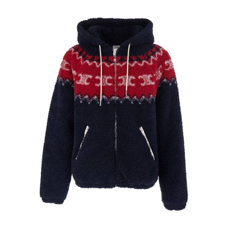Blue and Red Jacket with Fixed Hood and Triomphe Motif in Wool Man