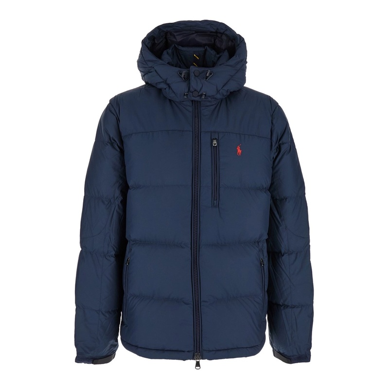 Blue Down Jacket with Fixed Hood and Embroidered Pony Logo on Chest in Tech Fabric Man
