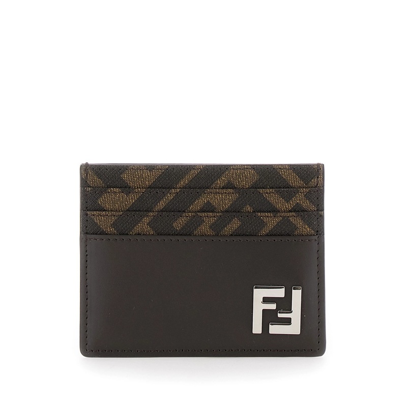 Brown Card-Holder with Squared FF Motif in Leather and FF Canvas Man