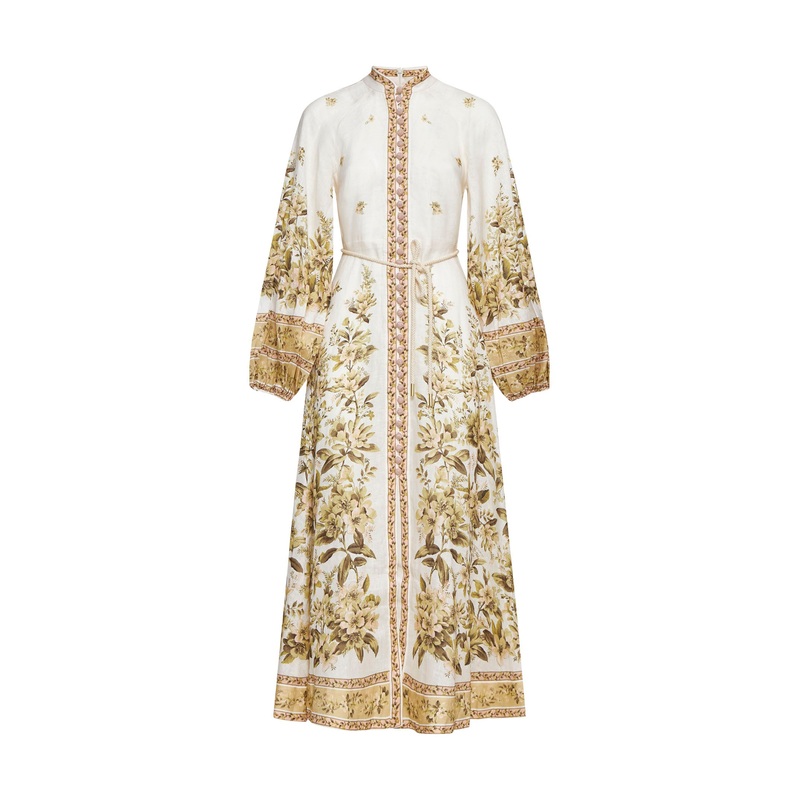 Floral print linen midi dress|0|1|2|3