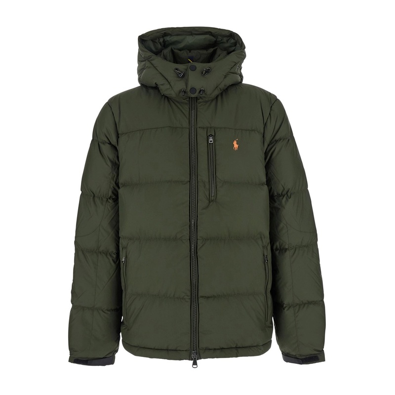 Green Down Jacket with Fixed Hood and Embroidered Pony Logo on Chest in Tech Fabric Man