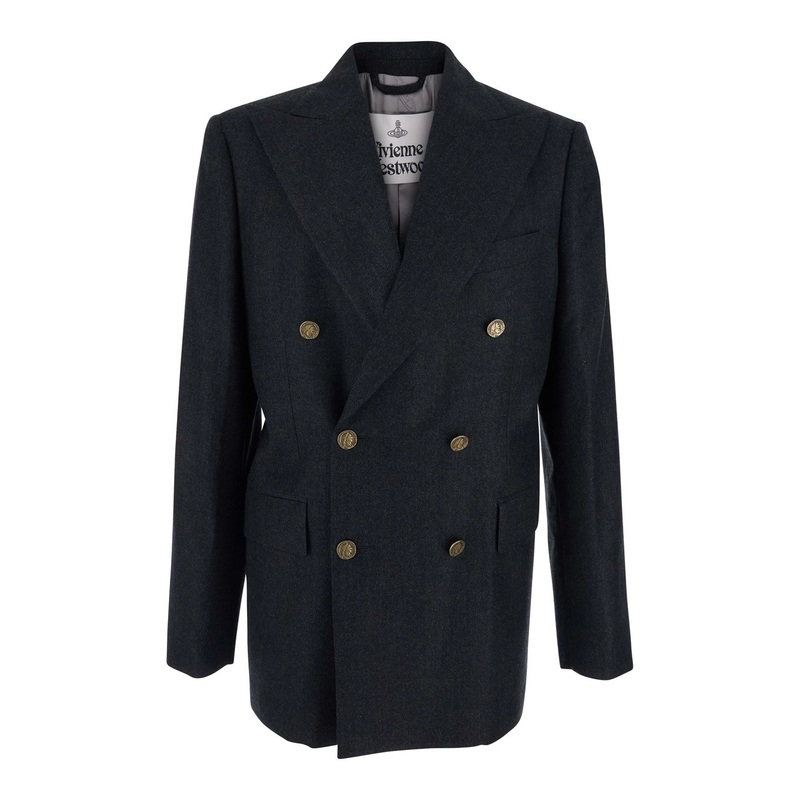 Grey Double-Breasted Jacket with Wide Peak Lapels in Wool Man