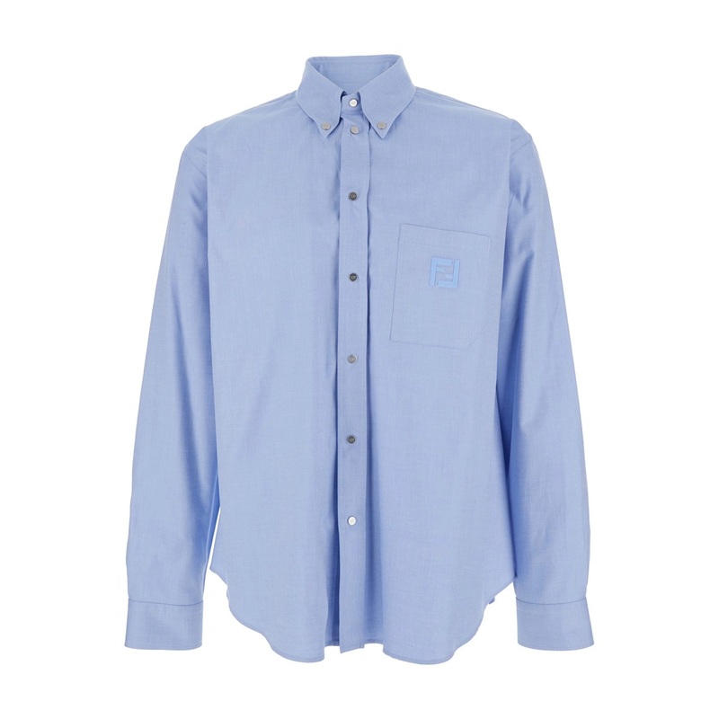 Light Blue Shirt with Button-Down Collar and FF Embroidery on the Front in Cotton Man