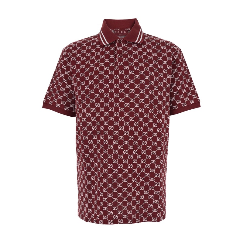 Red Polo Shirt with Striped Classic Collar in GG Jacquard Cotton Man