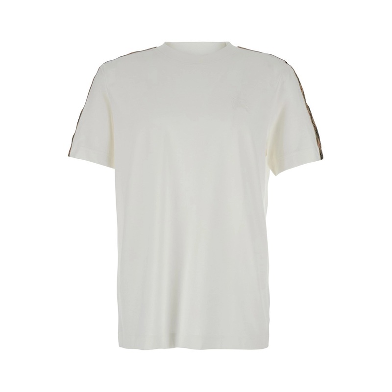 White Crewneck T-Shirt with Check Motif on the Sleeve and EKD Logo Embroidery on the Front in Cotton Man