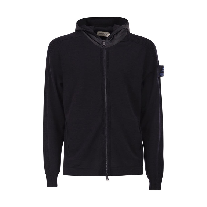 WOOL CARDIGAN WITH NYLON HOOD|BLUE|S|M|L|XL