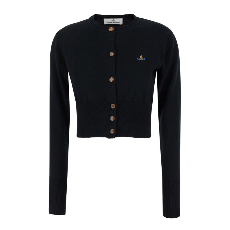 ‘Bea’ Black Cropped Cardigan with Orb Embroidery in Cotton and Cashmere Woman
