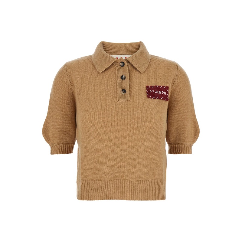 Beige Polo Sweater with Classic Collar and Logo Patch on the Front in Cashmere Woman