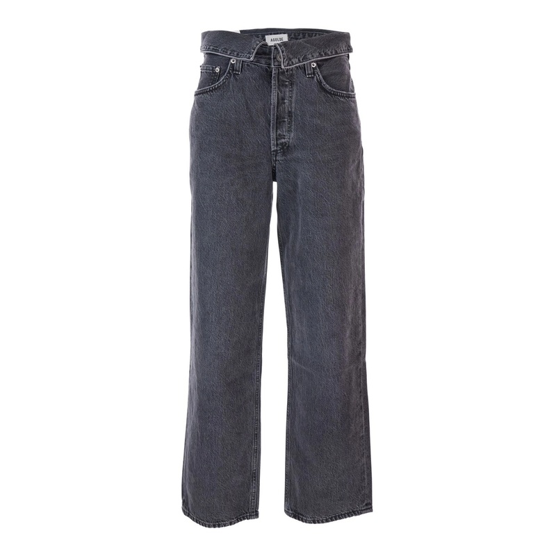 Black Jeans with Front-Fold Design and Logo Patch on the Rear in Denim Woman