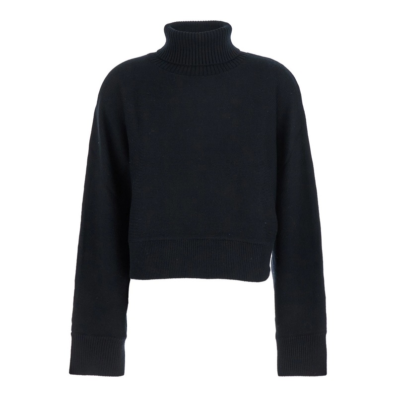 Black Turtleneck Cropped Sweater with Logo Plaque on the Rear in Wool Woman