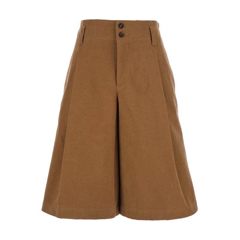Brown Bermuda Pants with Belt Loops and Wide Leg in Cotton Woman