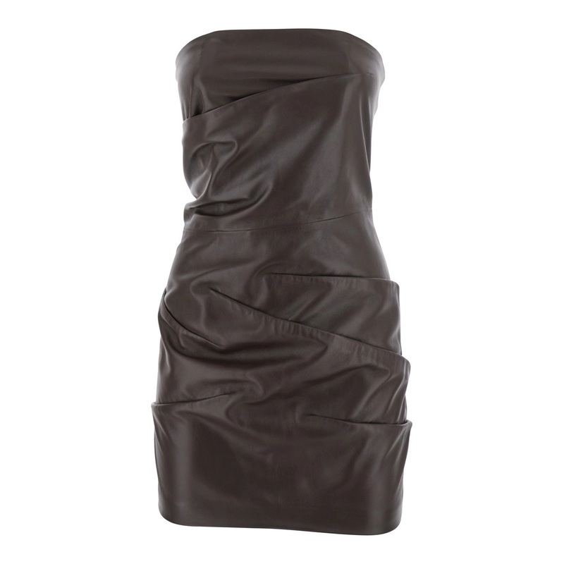 Brown Off-Shoulder Sleeveless Mini Dress with Rear Zip Closure in Leather Woman