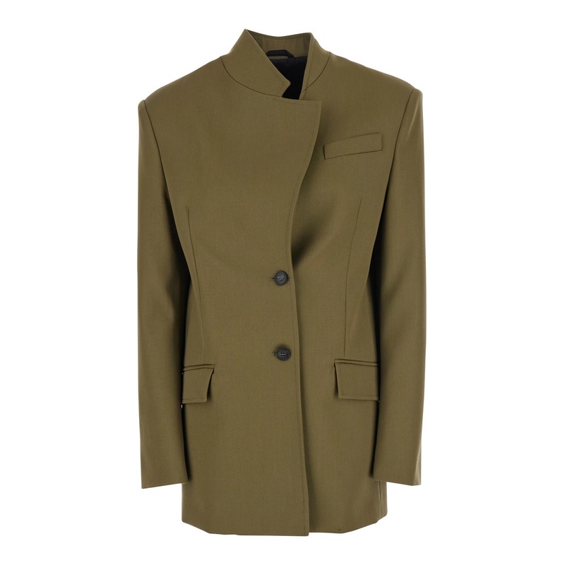 Green Jacket with Asymmetric Closure on the Front in Wool Woman