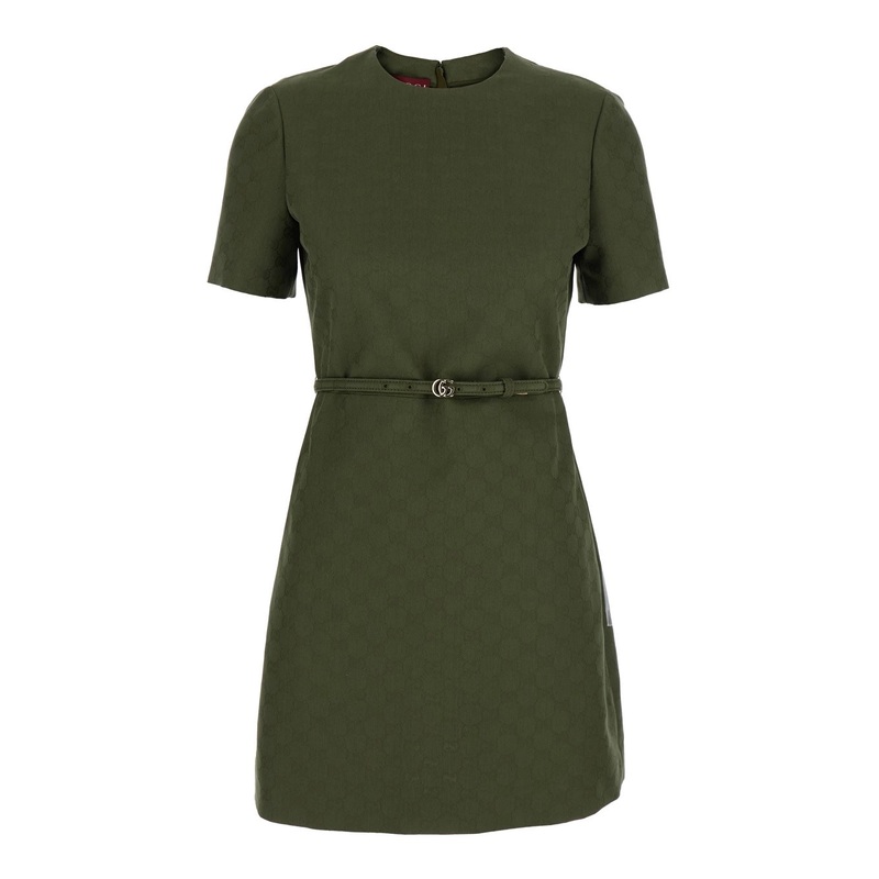 Green Mini Dress with GG Buckle Belt in Fabric Woman
