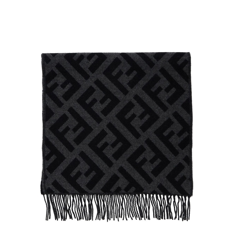 Grey Scarf with All-Over FF Motif and Frayed Hem in Cashmere Woman