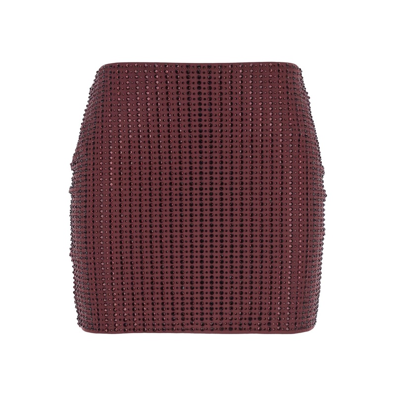 ‘Malibu Crystal’ Bordeaux Skirt with All-Over Stud Embellishments in Tech Fabric Stretch Woman