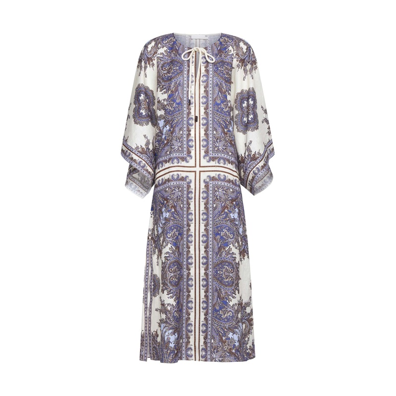 Ottie print linen kaftan midi dress