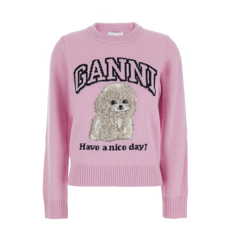 Pink Sweater with Round Neck and Maxi Logo on the Front in Wool Blend Woman