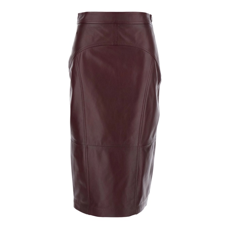‘Taiga’ Bordeaux Skirt with Concealed Side Zip Closure and Rear Single Slit in Leather Woman