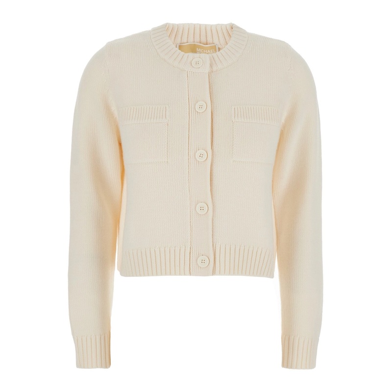 White Crewneck Cardigan with Ribbed Trims in Wool Woman