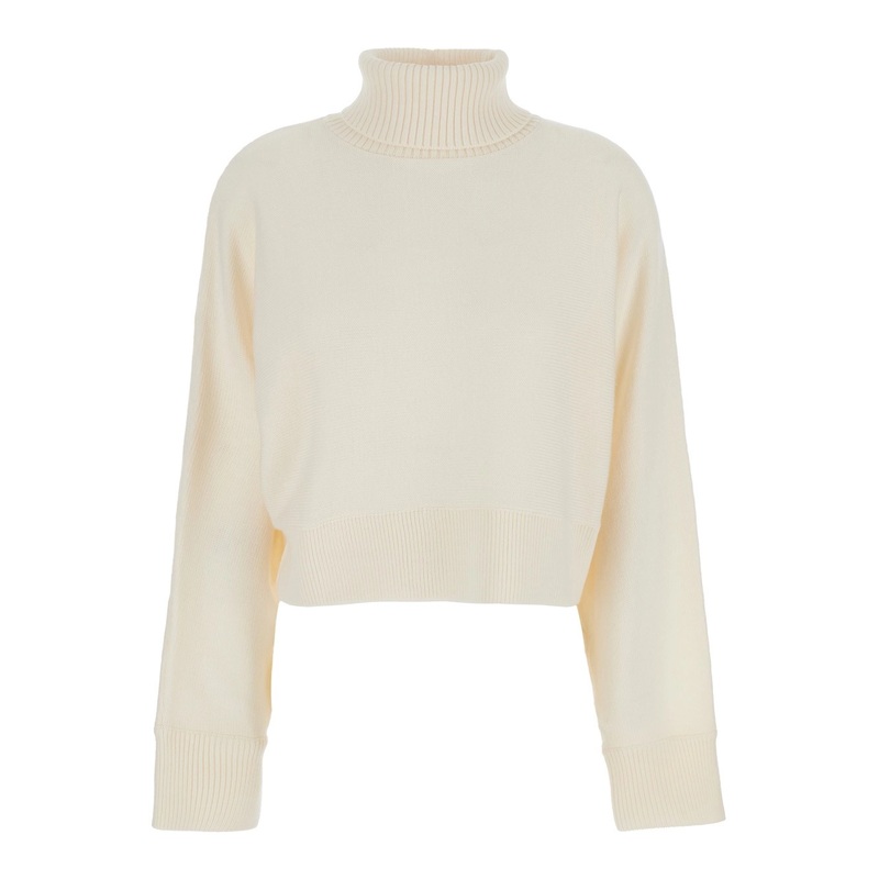 White Turtleneck Cropped Sweater with Logo Plaque on the Rear in Wool Woman